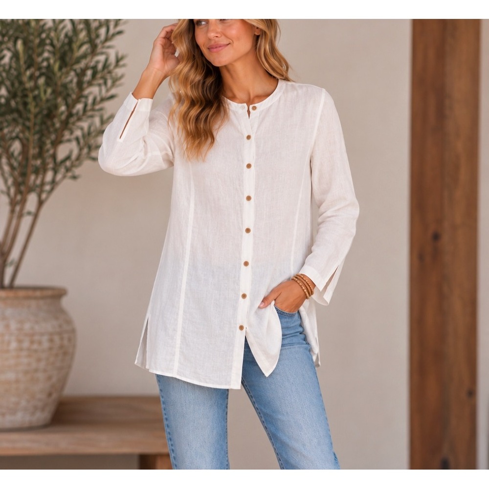 Saks Fifth Avenue White 100% Linen Button Tunic Blouse Small boho coastal